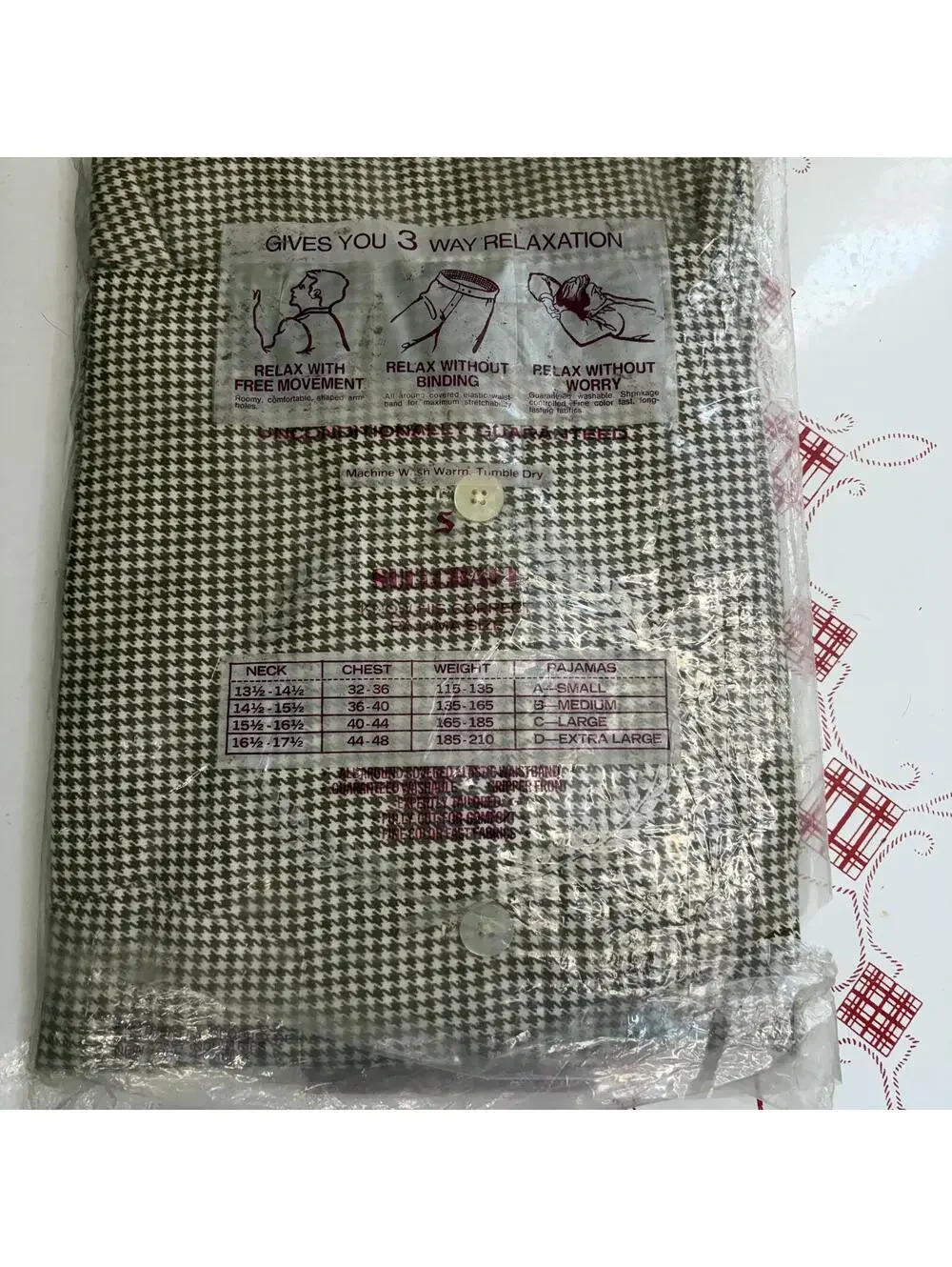 Houndstooth cream & khaki green men’s 2 piece pj set vintage 70s sz medium